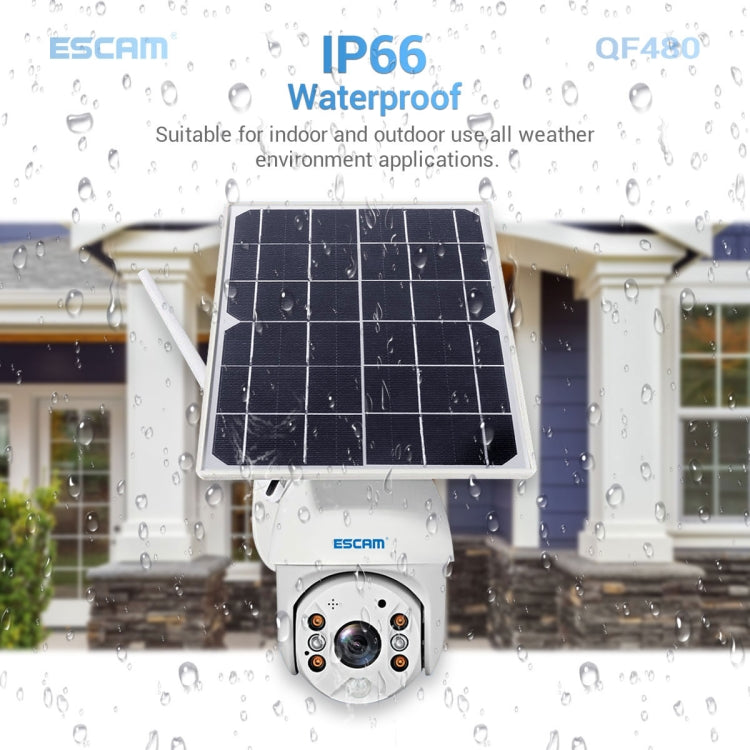 ESCAM QF480 EU Version HD 1080P IP66 Waterproof 4G Solar Panel PT IP Camera with Battery, Support Night Vision / Motion Detection / TF Card / Two Way Audio (White)