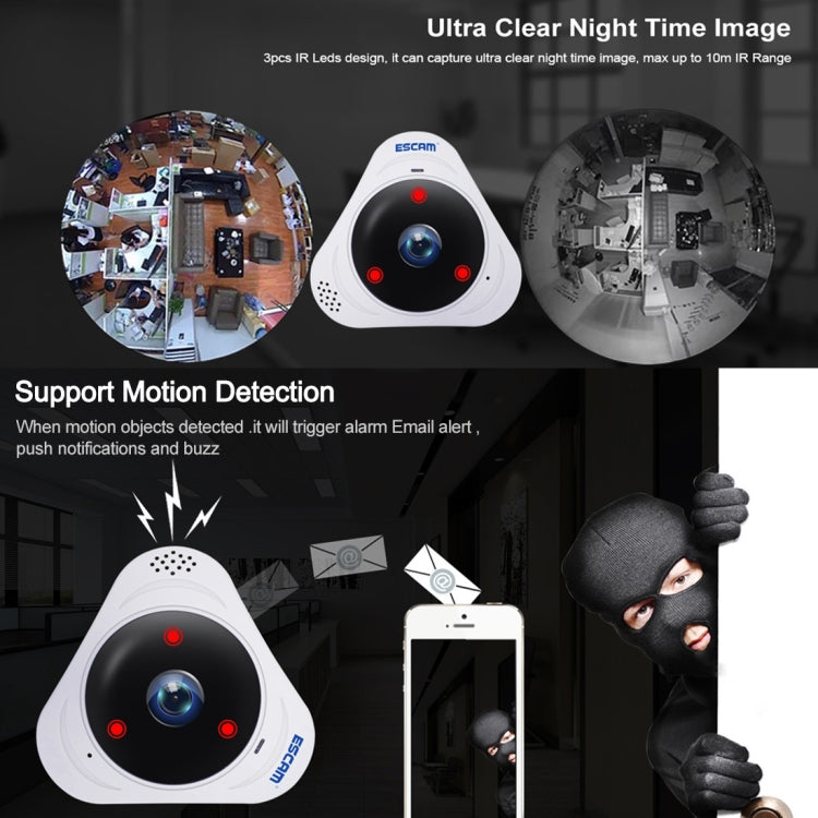 ESCAM Q8 960P 360 Degrees Fisheye Lens 1.3MP WiFi IP Camera, Support Motion Detection / Night Vision, IR Distance: 5-10m, AU Plug, Q8 UK Plug, Q8 US Plug, Q8  AU Plug, Q8 EU Plug