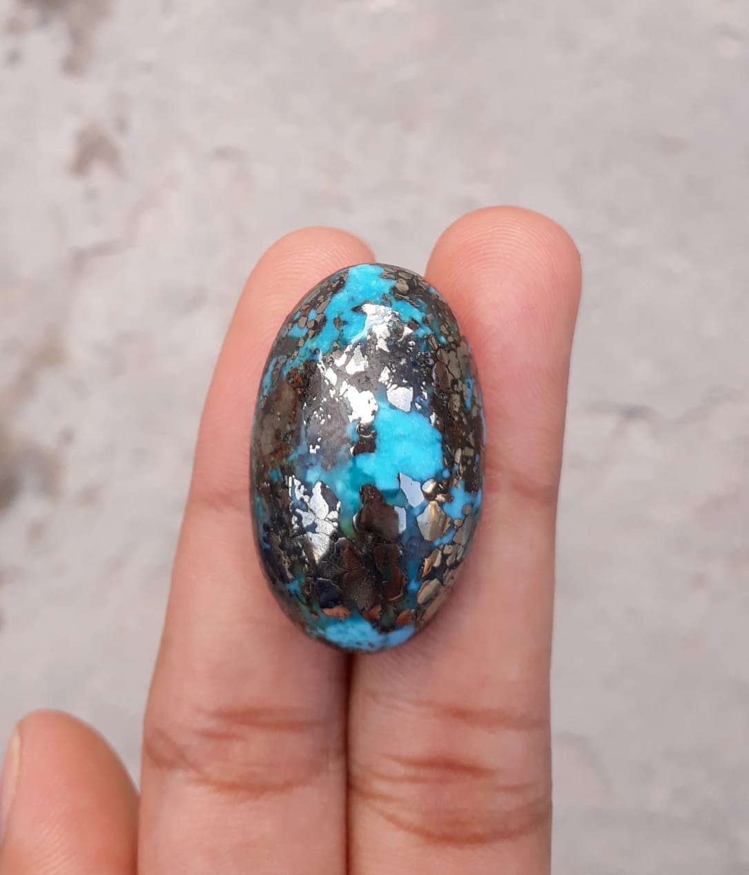 52.7ct Natural Certified Turquoise with Pyrite - Blue Matrix Turquoise - Shajri Feroza - 30x18mm