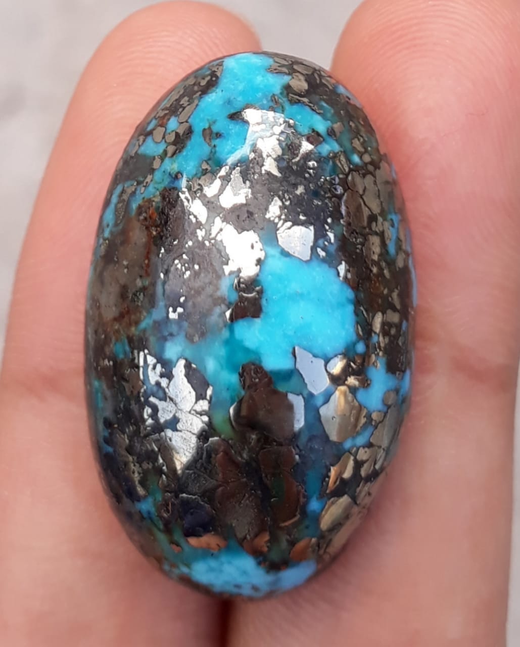 52.7ct Natural Certified Turquoise with Pyrite - Blue Matrix Turquoise - Shajri Feroza - 30x18mm