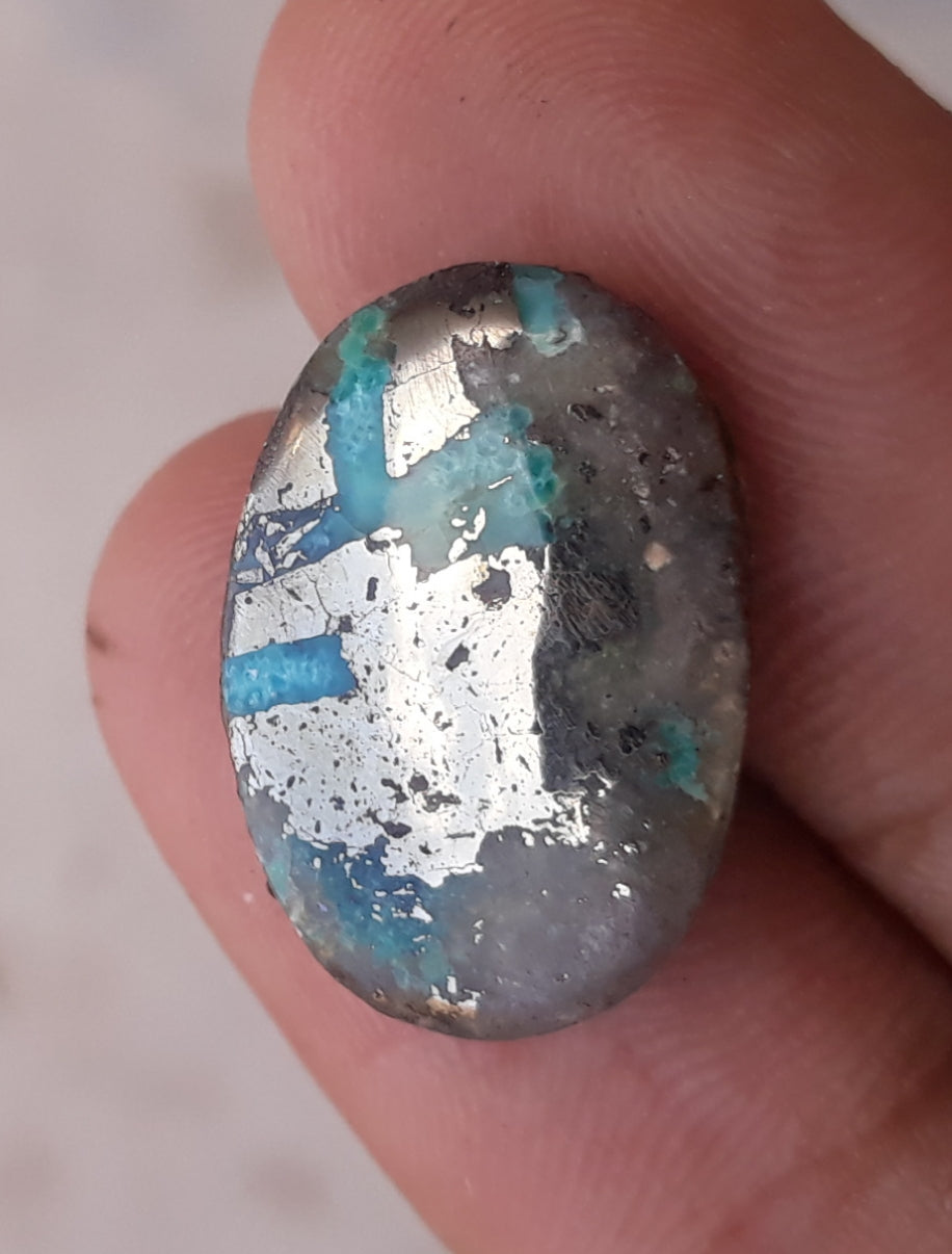 16.3ct Morenci Turquoise - Natural Certified Turquoise with Pyrite - Blue Matrix Turquoise - Shajri Feroza - 20x14mm