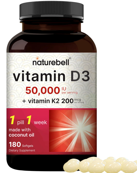 NatureBell Vitamin D3 50,000 IU + K2 200 mcg — Weekly Softgel with Coconut Oil (MK-7, Non-GMO)