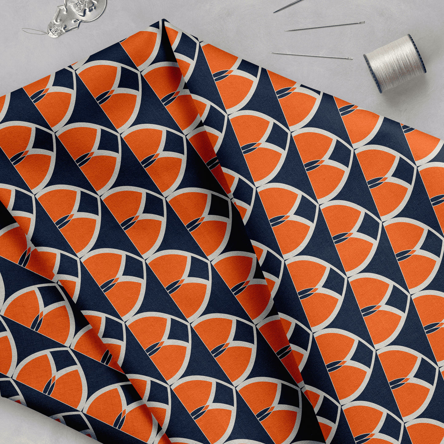 Navy Blue and Orange Geometric Cotton Drill Fabric