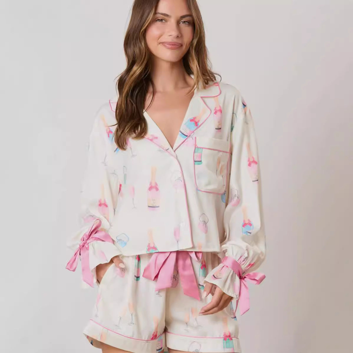 Christmas Bow Long Sleeve Pajamas Shorts Suit