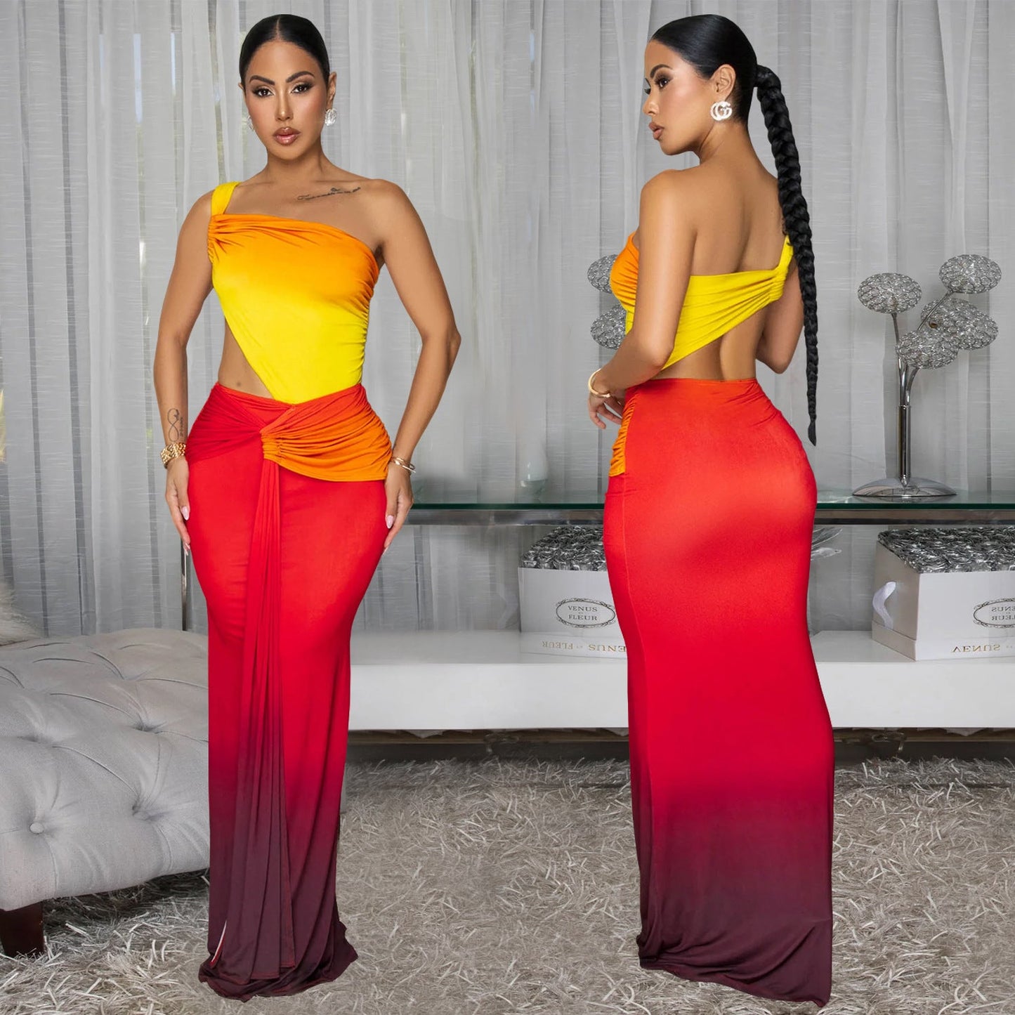 Summer Sexy Cross-shoulder Bag Arm Gradient Dress