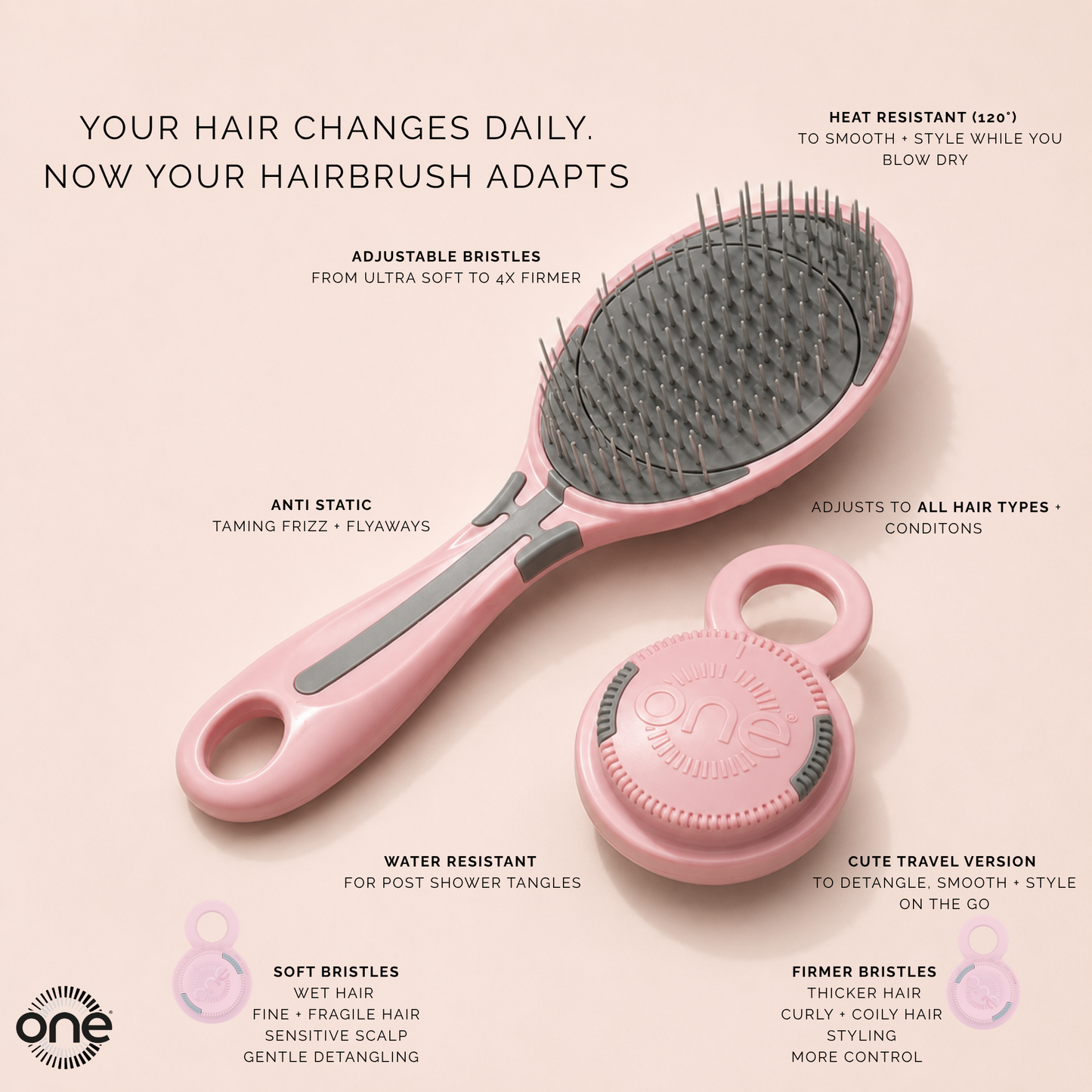 ONE Brush PRO - Adjustable Bristle Hairbrush - Pink