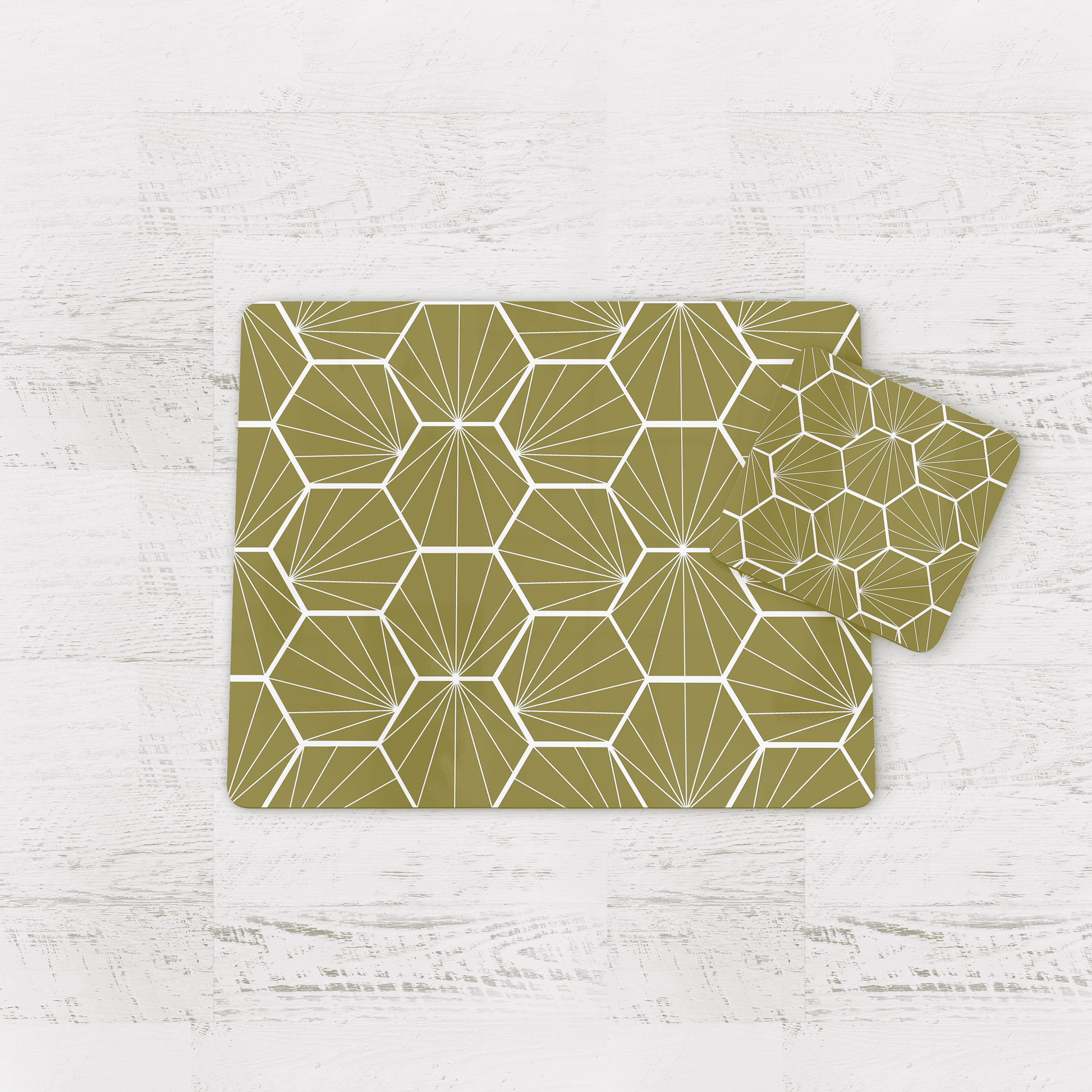 Olive Green Geometric Hexagons Placemats, Set of 4 or Set of 6