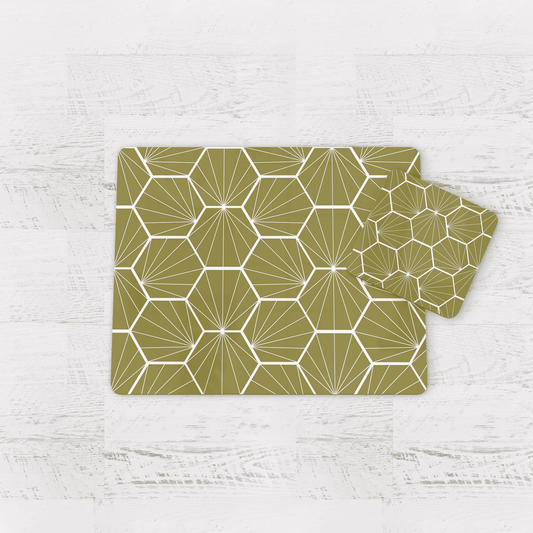 Olive Green Geometric Hexagons Placemats, Set of 4 or Set of 6