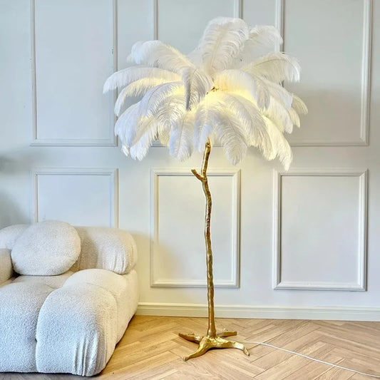 Ostrich Feather Led Floor Lamp Copper Resin Bedroom Bedside Standing Table Light