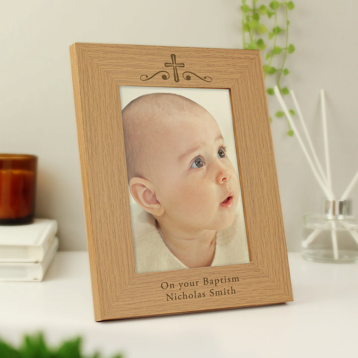 Personalised Religious Swirl 5x7 Inch Wooden Photo Frame