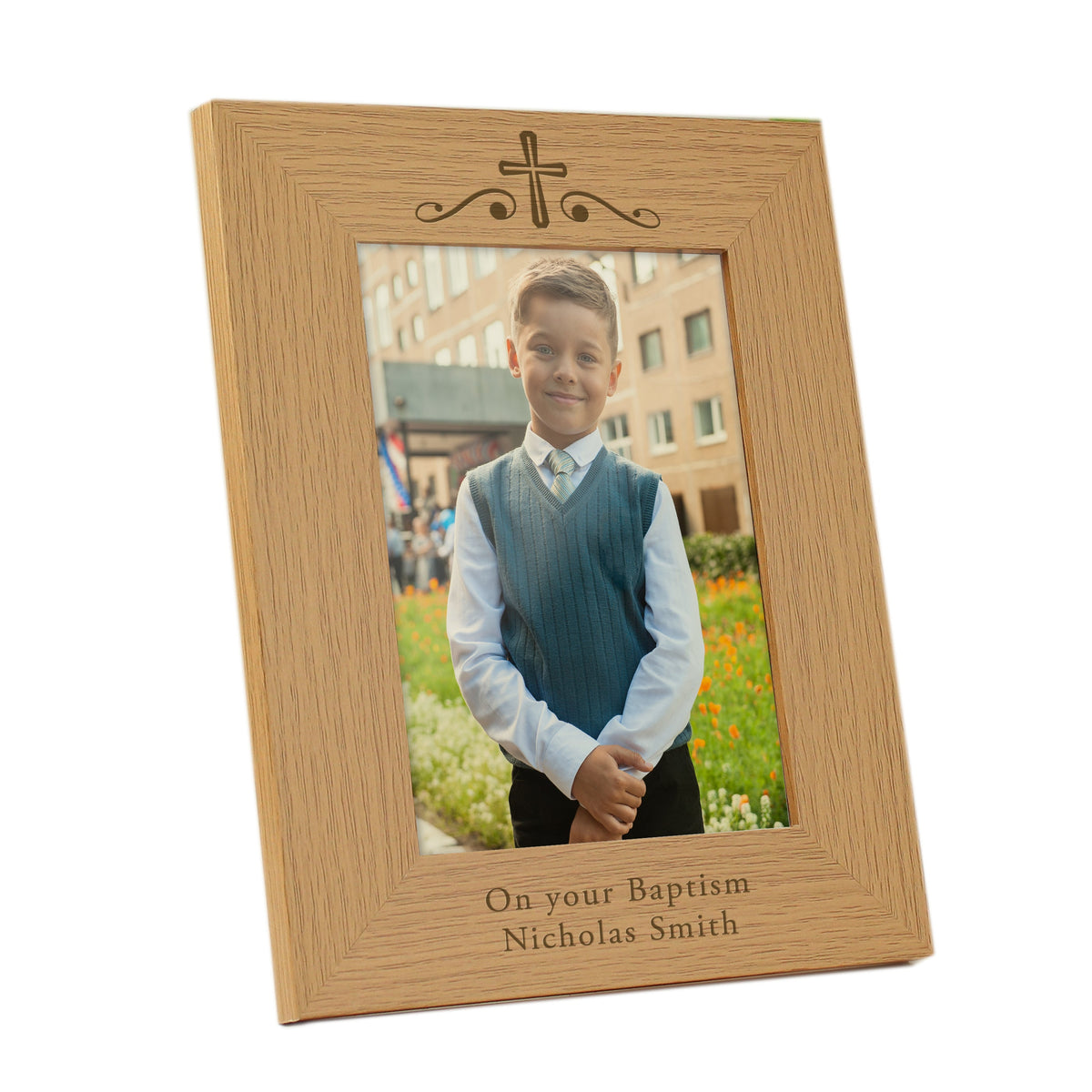 Personalised Religious Swirl 5x7 Inch Wooden Photo Frame