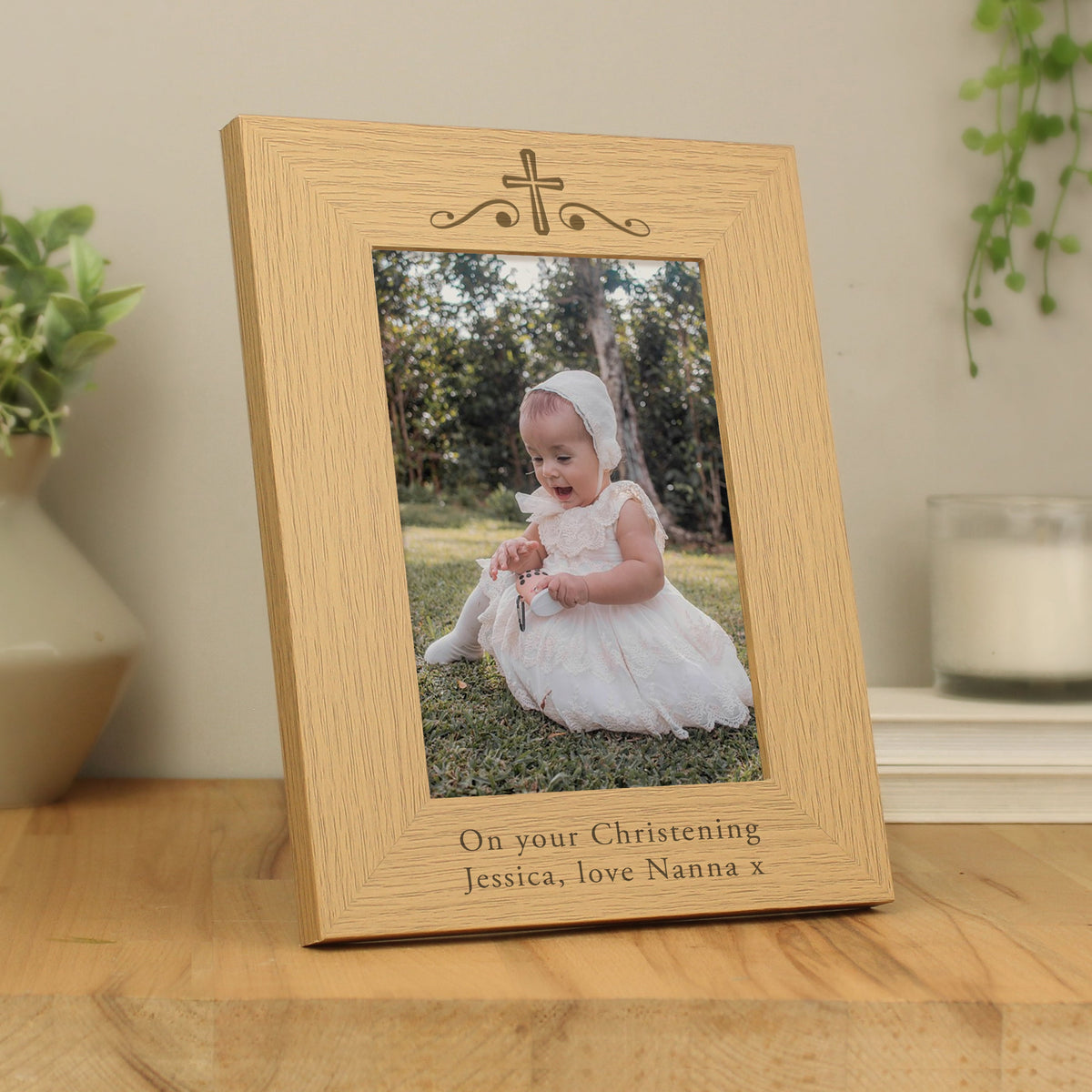 Personalised Religious Swirl 5x7 Inch Wooden Photo Frame