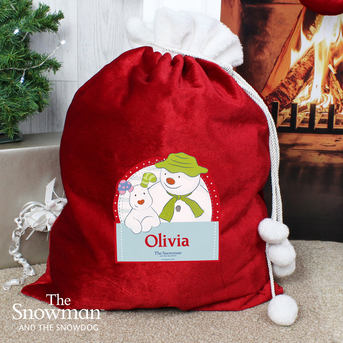 Personalised The Snowman And The Snowdog Luxury Pom Pom Children's Christmas Sack