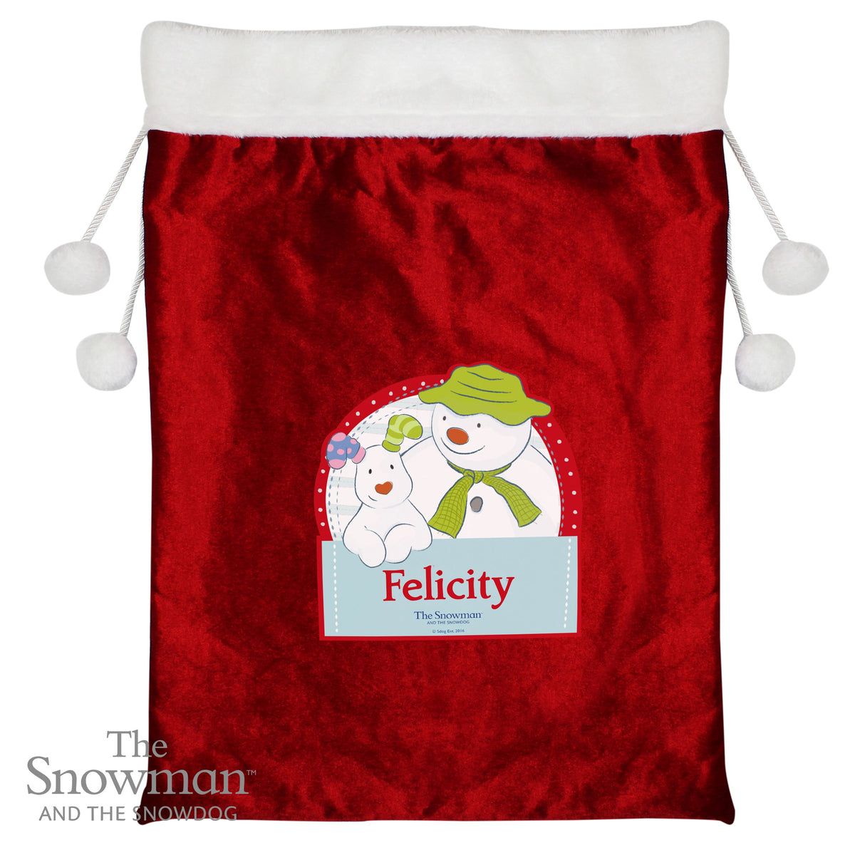 Personalised The Snowman And The Snowdog Luxury Pom Pom Children's Christmas Sack