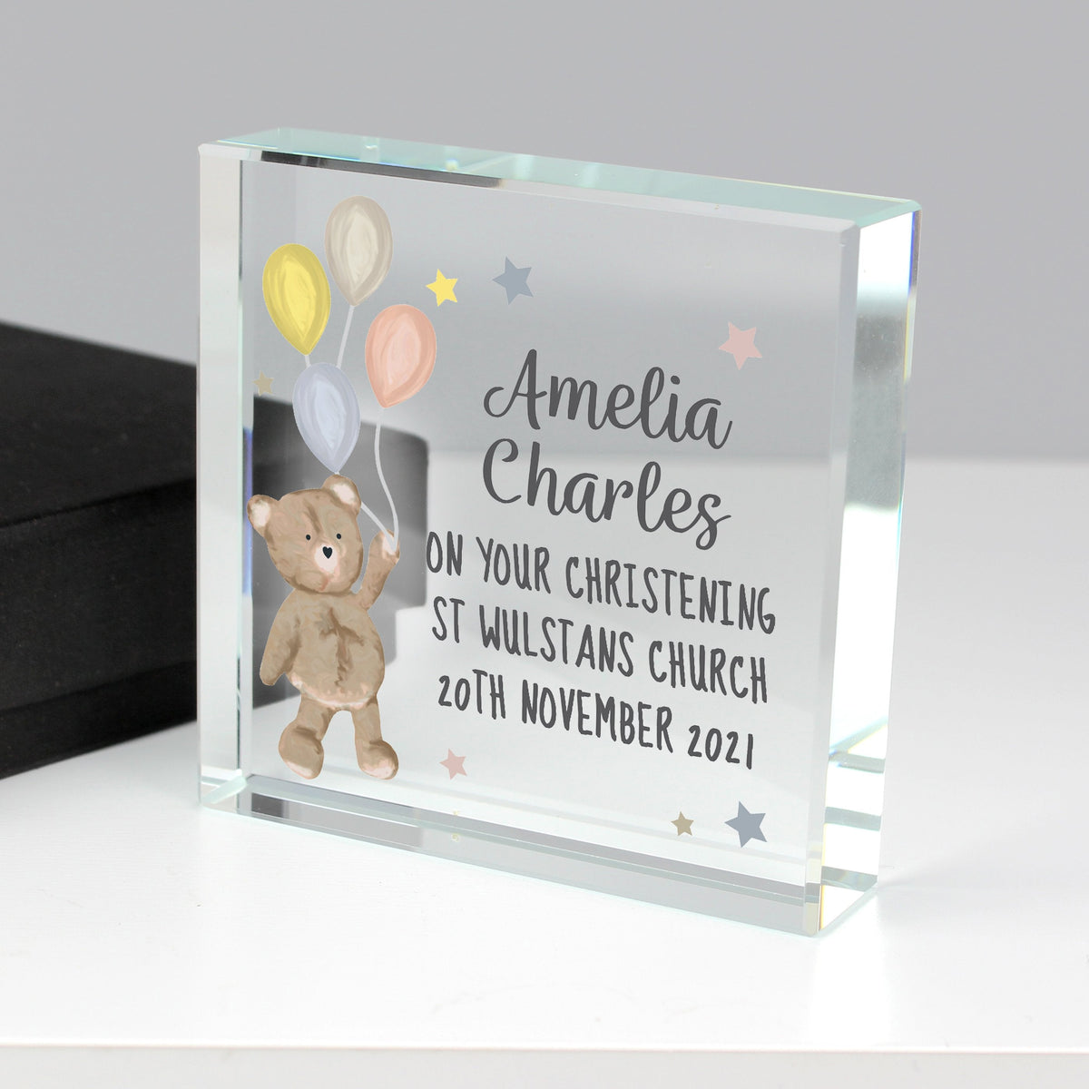 Personalised Teddy & Balloons Large Crystal Token