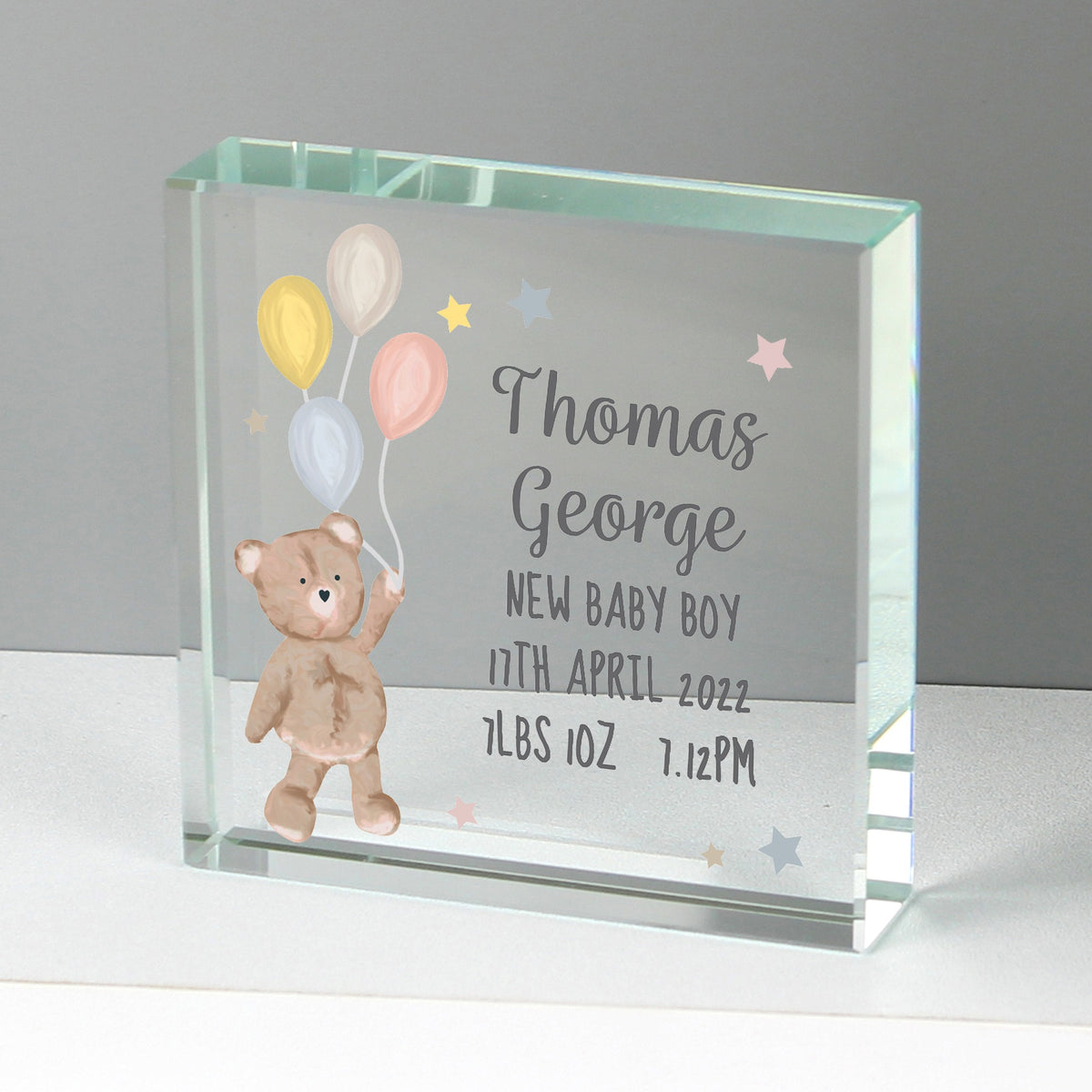 Personalised Teddy & Balloons Large Crystal Token