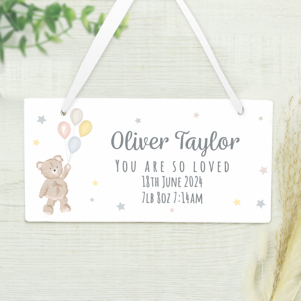 Personalised Teddy & Balloons White Wooden Sign