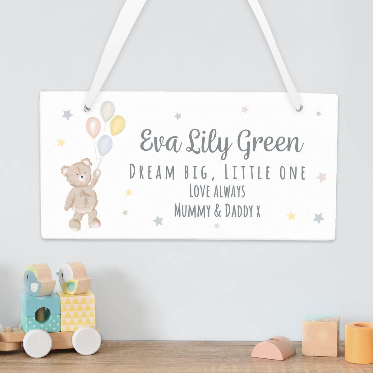 Personalised Teddy & Balloons White Wooden Sign