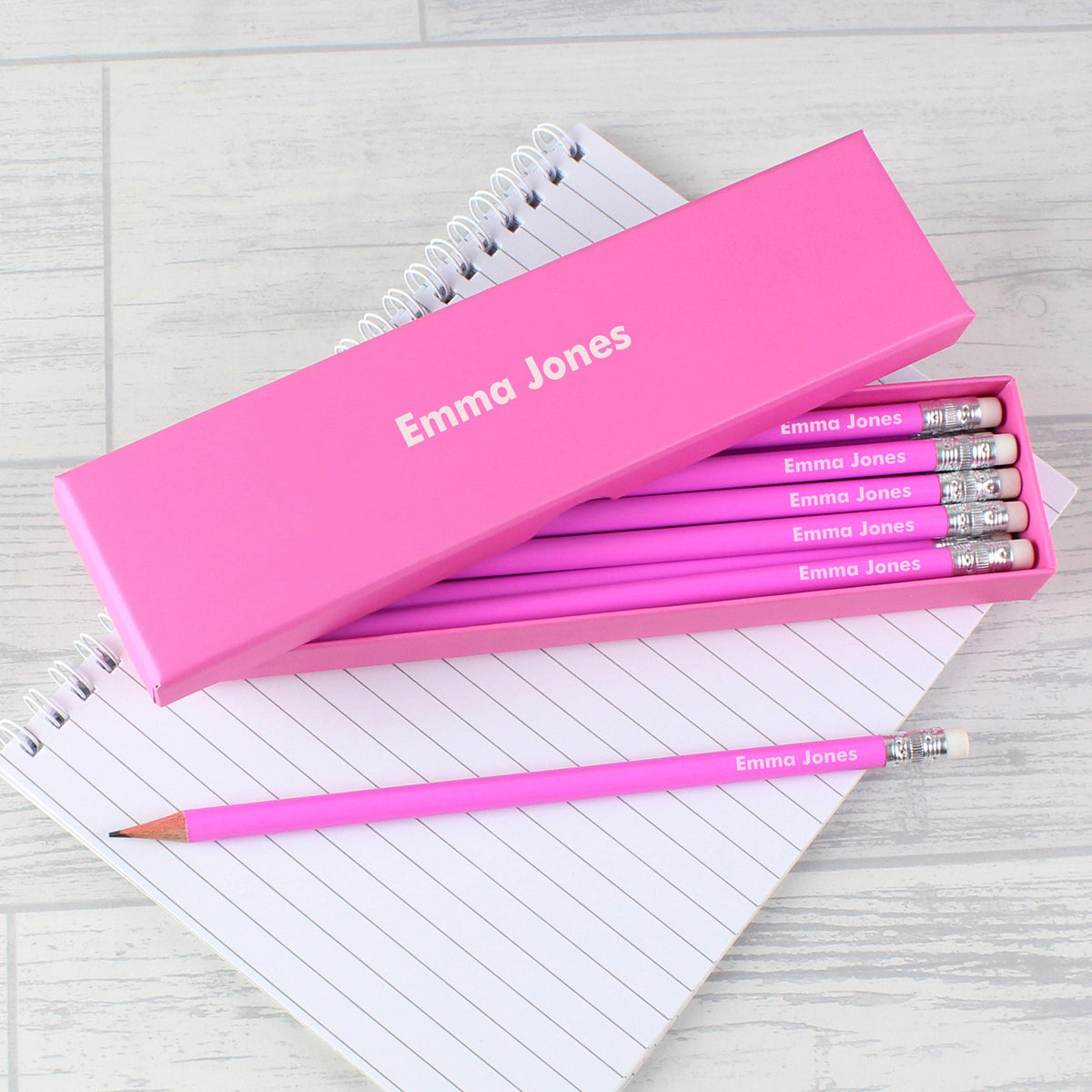 Personalised Name Only Box And 12 Pink HB Pencils