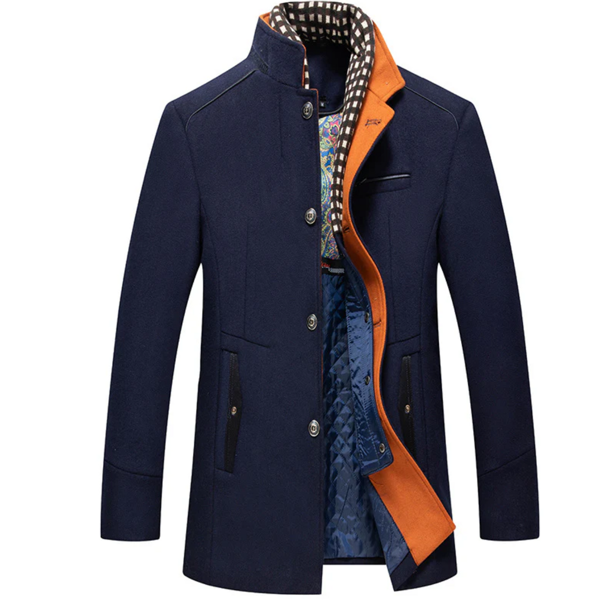 Mens Winter Wool Coat Thick Stand Collar With Scarf Navy Blue Size M, Biutimarden