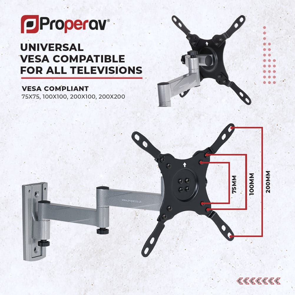 ProperAV TV Wall Bracket for Motorhome / RV / Caravan / Boat (13" – 43” / 15kg Capacity / VESA Max. 200x200) – Silver