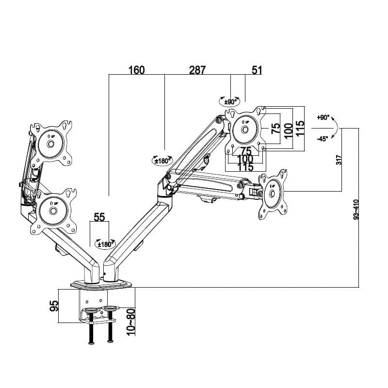 ProperAV Desk Monitor Mount 17" - 32" Dual Articulated Swing Arm VESA Max 100x100