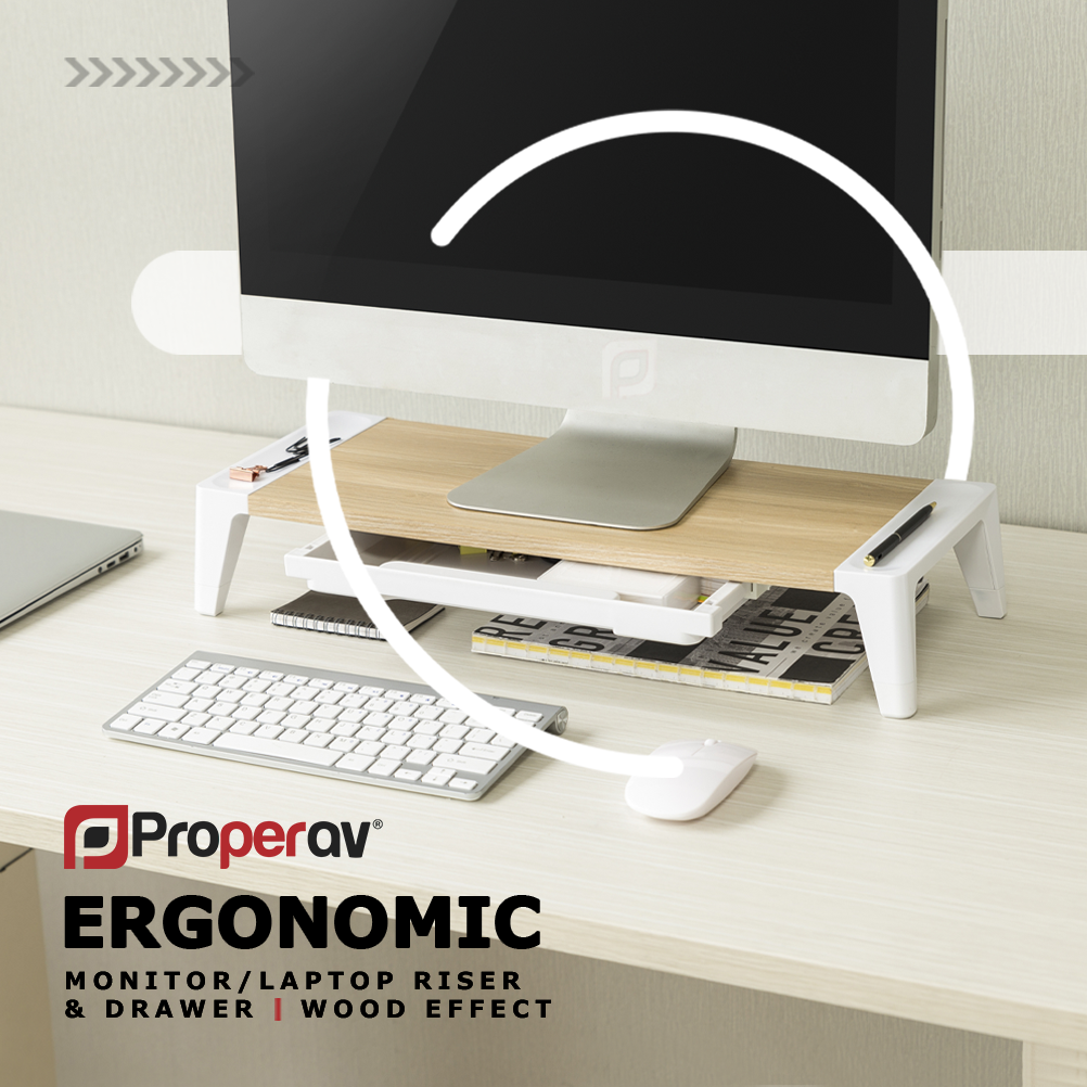 ProperAV Monitor Riser Stand with Height Adjustable with Drawer - Wood Effect