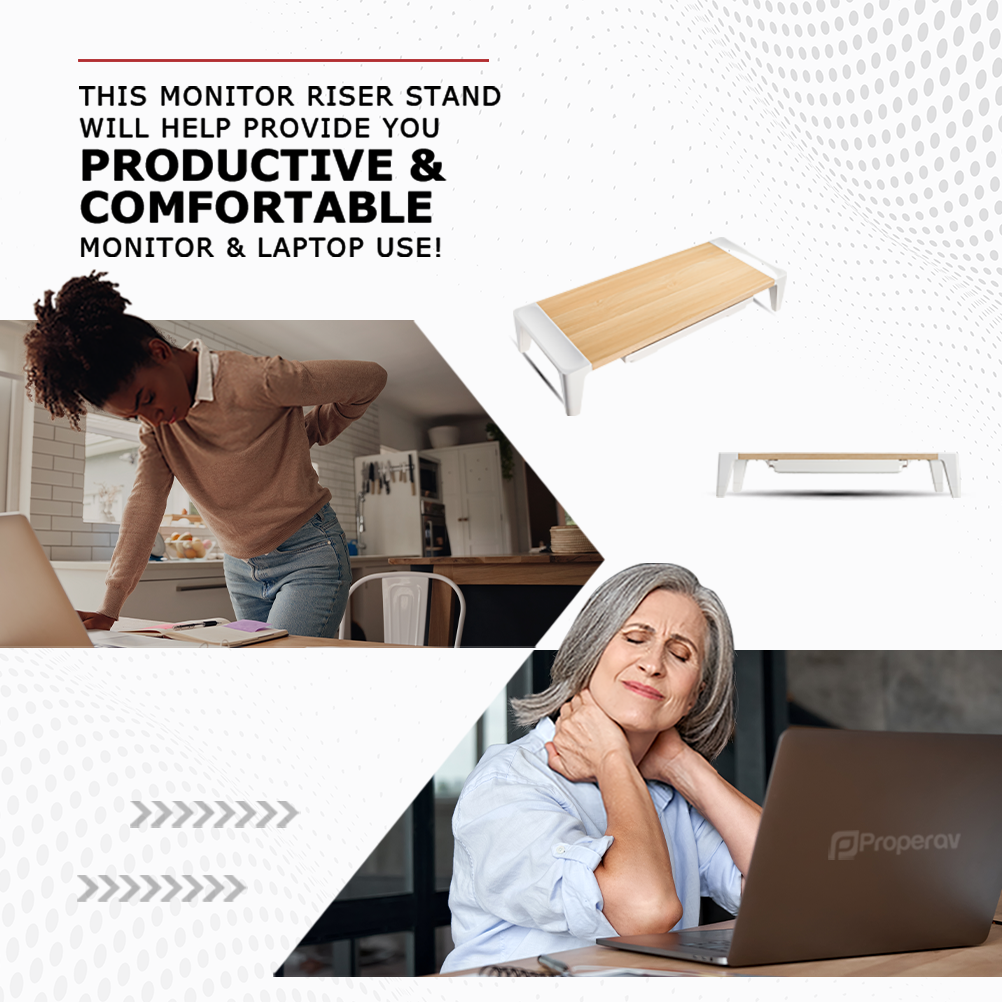 ProperAV Monitor Riser Stand with Height Adjustable with Drawer - Wood Effect