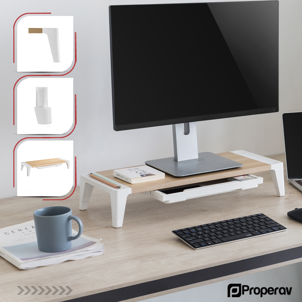 ProperAV Monitor Riser Stand with Height Adjustable with Drawer - Wood Effect