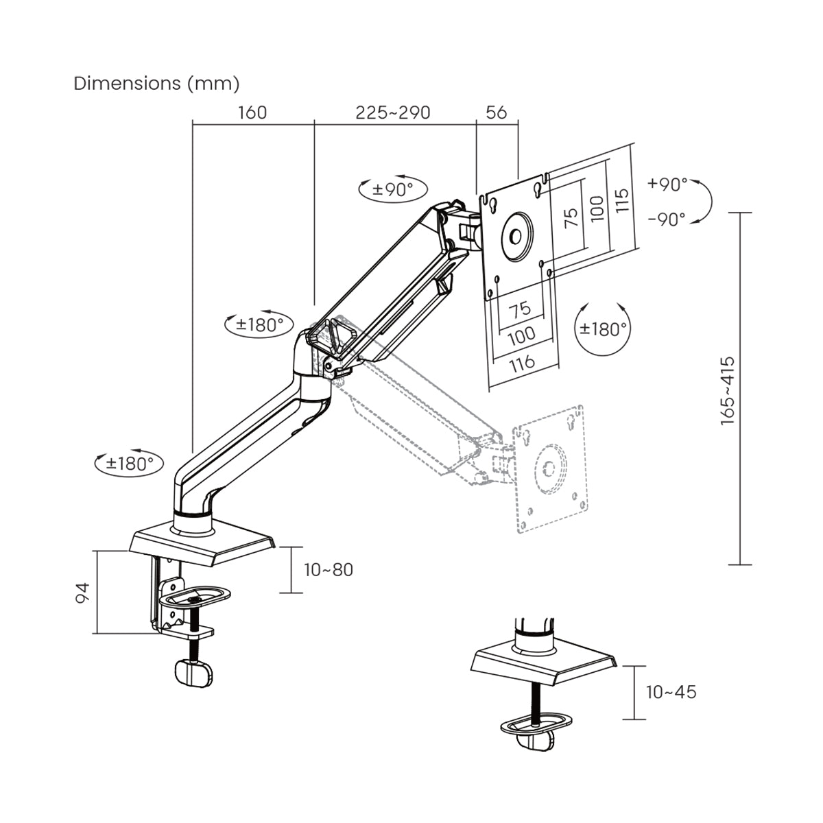 ProperAV Desk Monitor Mount 17" - 32" Gas Spring Swing Arm VESA Max 100x100