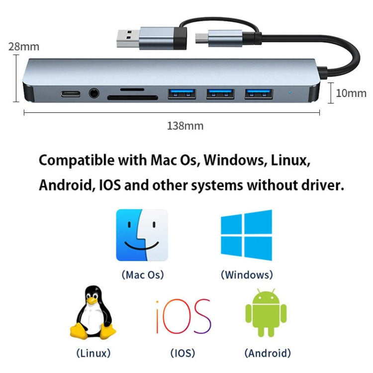 BYL-2218TU 8 in 1 USB + USB-C / Type-C to USB Multifunctional Docking Station HUB Adapter, BYL-2218TU