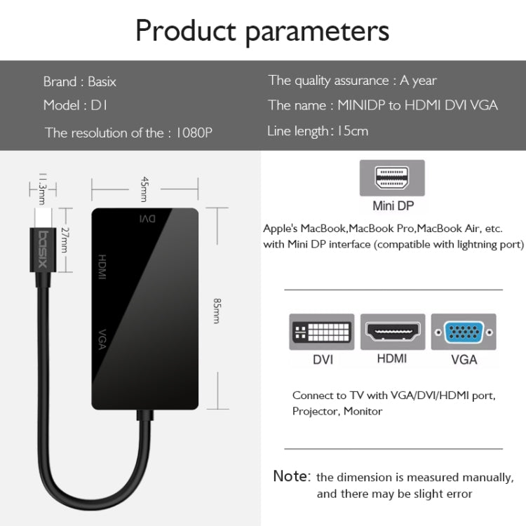 basix D1 Mini DP to HDMI + DVI + VGA 1080P Multi-function Converter, Cable Length: 15cm (Black)