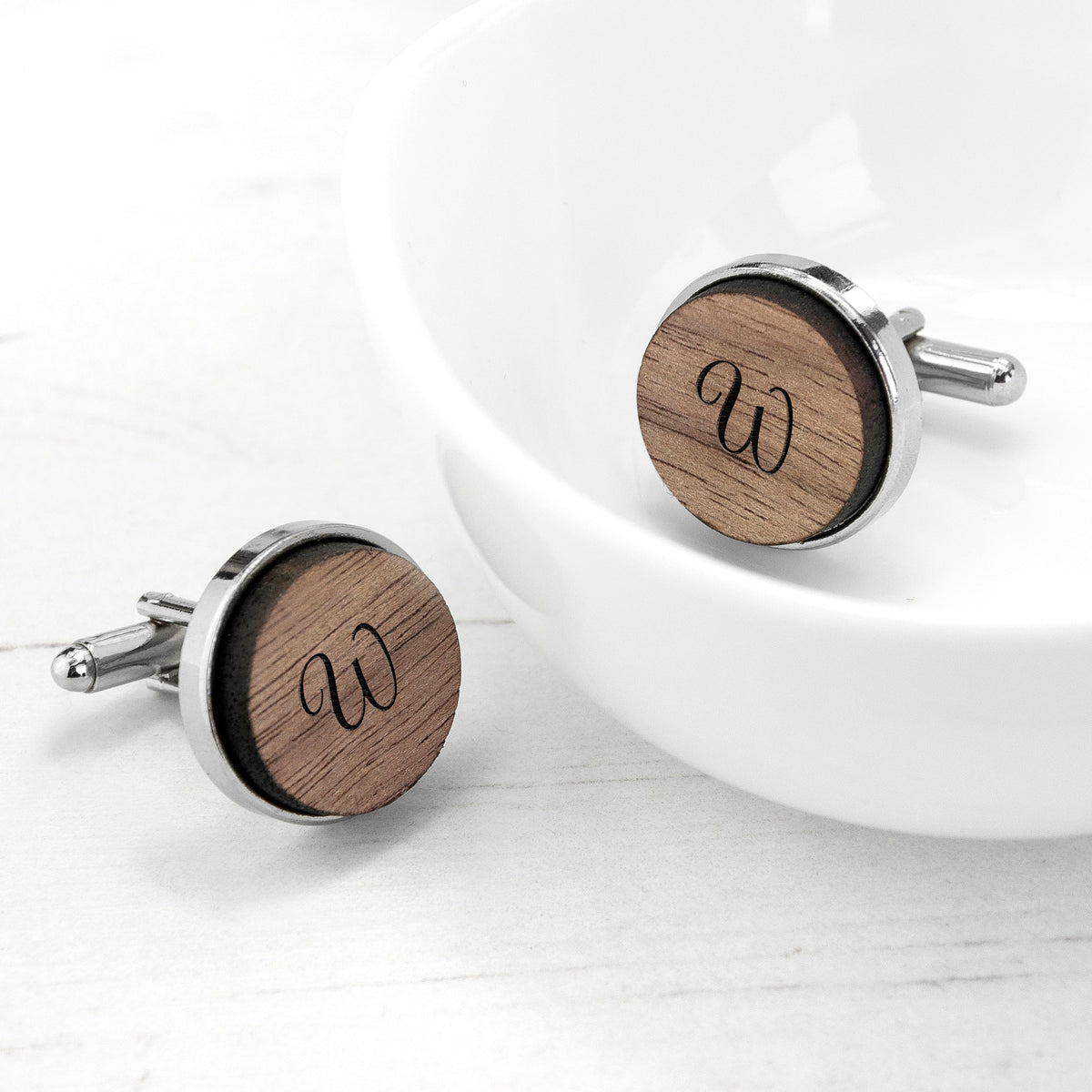 Monogrammed Engraved Round Walnut Cufflinks