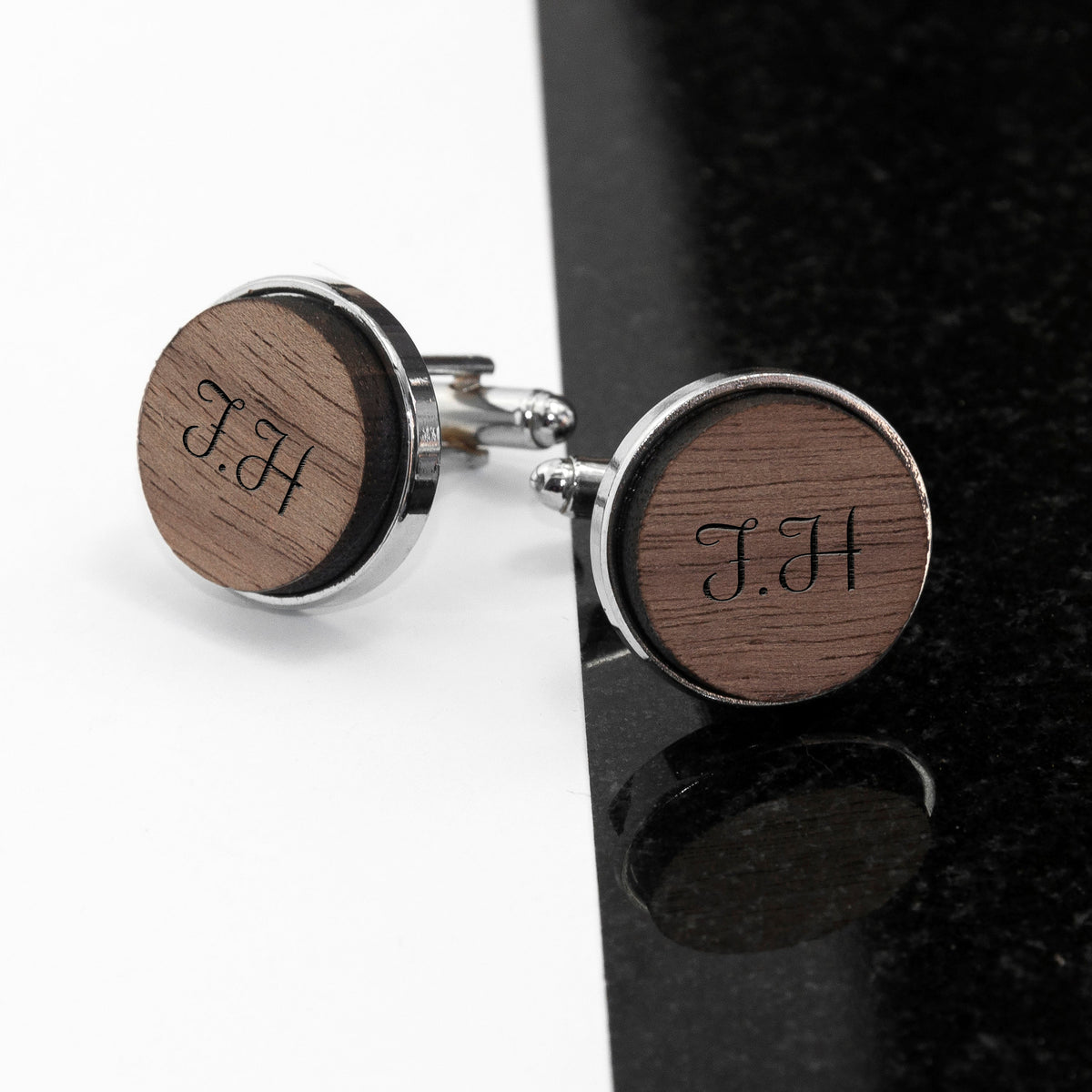 Monogrammed Engraved Round Walnut Cufflinks