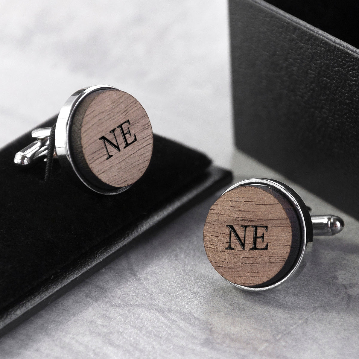 Monogrammed Engraved Round Walnut Cufflinks