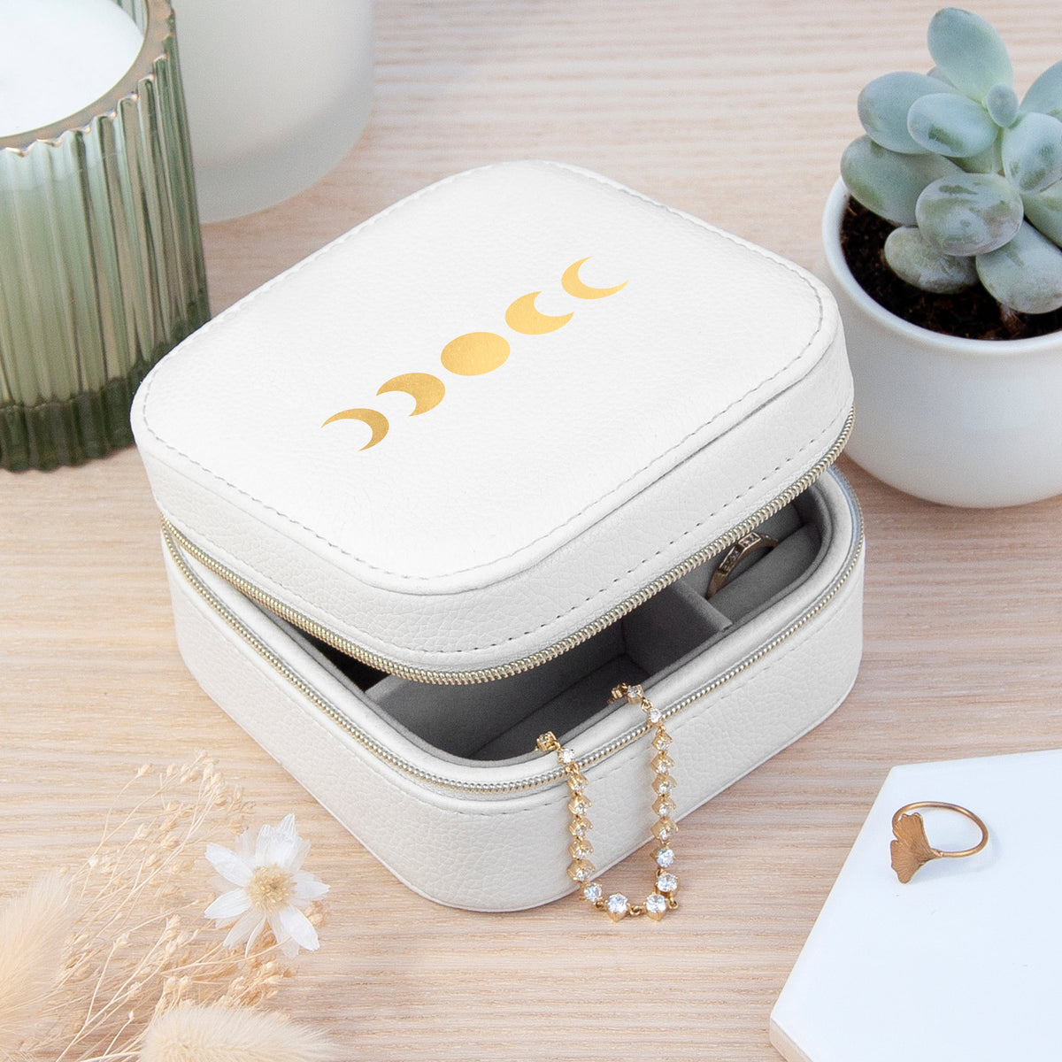 Customisable Moon Phase White Travel Jewellery Case