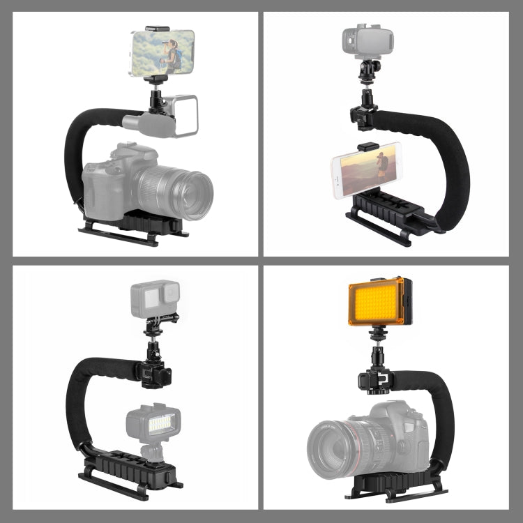 PULUZ U/C Shape Portable Handheld DV Bracket Stabilizer + LED Studio Light Kit with Cold Shoe Tripod Head  for All SLR Cameras and Home DV Camera, Bracket Kits + LED