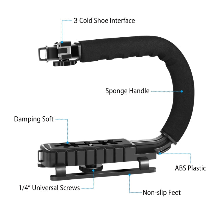 PULUZ U/C Shape Portable Handheld DV Bracket Stabilizer + LED Studio Light + Video Shotgun Microphone Kit with Cold Shoe Tripod Head  for All SLR Cameras and Home DV Camera, Bracket Kits + Mic + LED