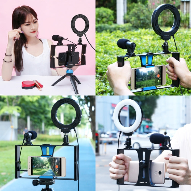 PULUZ 3-in-1 Vlogging Rig with Microphone, 4.7" LED Light, Cold Shoe Tripod for Smartphones (Blue)