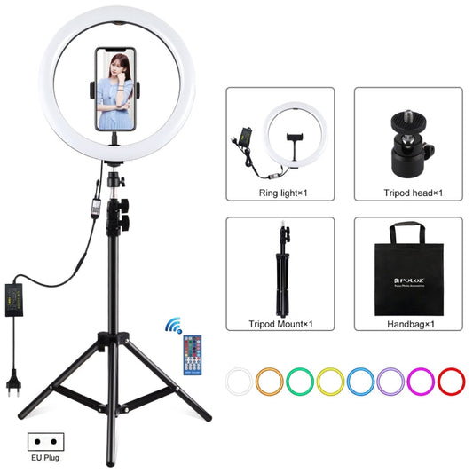 PULUZ 11.8 inch 30cm RGB Light 1.1m Tripod Mount Dimmable LED Ring Vlogging Selfie Photography Video Lights Live Broadcast Kits with Cold Shoe Tripod Ball Head & Phone Clamp, 12 inch RGB+Tripod(EU)