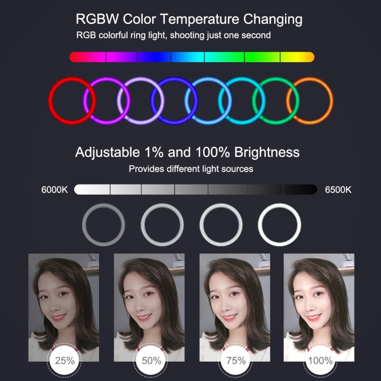 PULUZ 10.2 inch 26cm Curved Surface RGBW LED Ring Light + 1.1m Tripod Mount + Dual Phone Brackets Horizontal Holder + Vlogging Video Light  Live Broadcast Kits with Remote Control & Phone Clamp(Black)