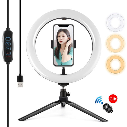 PULUZ 10.2 inch 26cm Light + Desktop Tripod Mount USB 3 Modes Dimmable Dual Color Temperature LED Curved Diffuse Light Ring Vlogging Selfie Photography Video Lights with Phone Clamp, 10.2 inch Curved+Tripod
