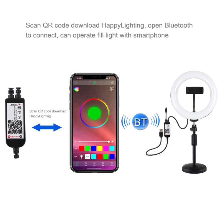PULUZ 7.9 inch 20cm RGBW Light + Round Base Desktop Mount Dimmable LED Dual Color Temperature LED Curved Light Ring Vlogging Selfie Photography Video Lights with Phone Clamp(Black)