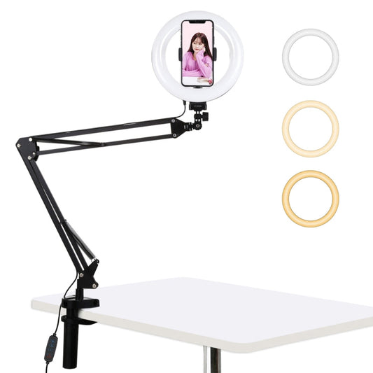PULUZ 7.9 inch 20cm Ring Curved Light + Desktop Arm Stand USB 3 Modes Dimmable Dual Color Temperature LED Vlogging Selfie Photography Video Lights with Phone Clamp(Black)