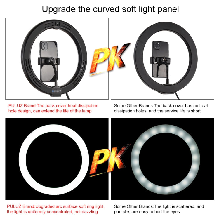PULUZ 7.9 inch 20cm Ring Curved Light + Desktop Arm Stand USB 3 Modes Dimmable Dual Color Temperature LED Vlogging Selfie Photography Video Lights with Phone Clamp(Black)