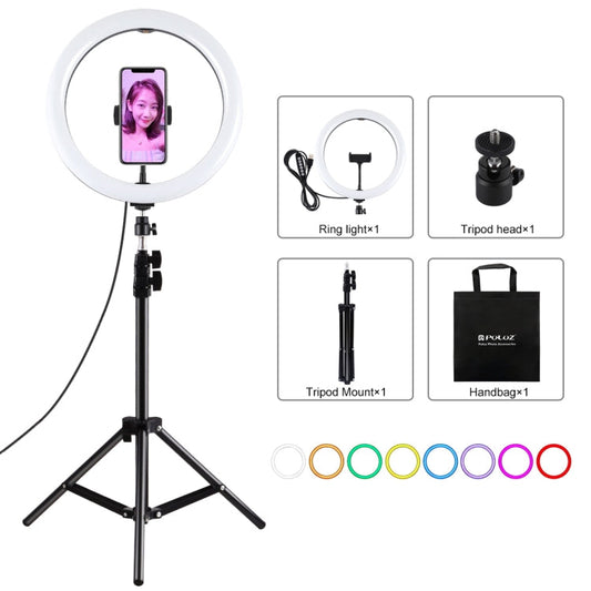 PULUZ 11.8 inch 30cm Light + 1.1m Tripod Mount Curved Surface RGBW Dimmable LED Ring Vlogging Photography Video Lights Live Broadcast Kits with Tripod Ball Head & Phone Clamp(Black)
