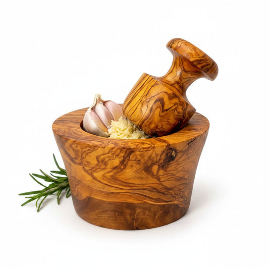 Handmade Olive Wood Large Mortar and Pestle Set | Wide Deep Garlic Spice & Herb Grinder with Mushroom Pestle | Unique Natural Grain | 12–16 cm