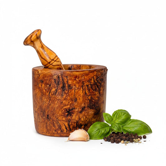 Handmade Olive Wood Burl Mortar and Pestle Set | Rare Cylindrical Spice Herb & Garlic Grinder | Extraordinary Natural Grain | 9–16 cm