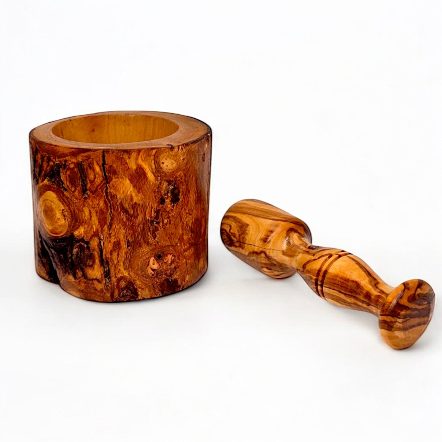 Handmade Olive Wood Burl Mortar and Pestle Set | Rare Cylindrical Spice Herb & Garlic Grinder | Extraordinary Natural Grain | 9–16 cm