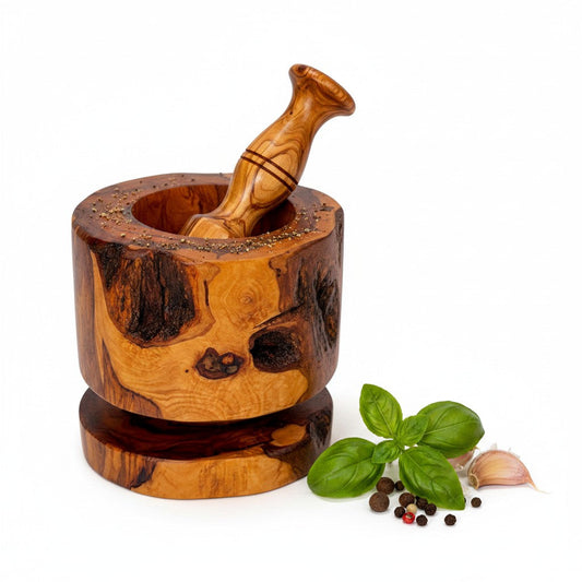 Handmade Olive Wood Burl Mortar and Pestle with Separate Base | Premium Spice Herb Garlic & Pepper Grinder | Rare Natural Grain | 10–16 cm